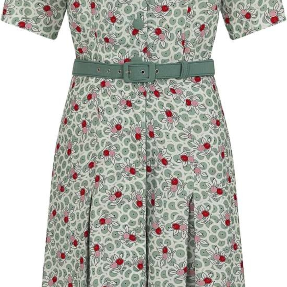 Collectif Sage Green and Red Patterned Midi Dress